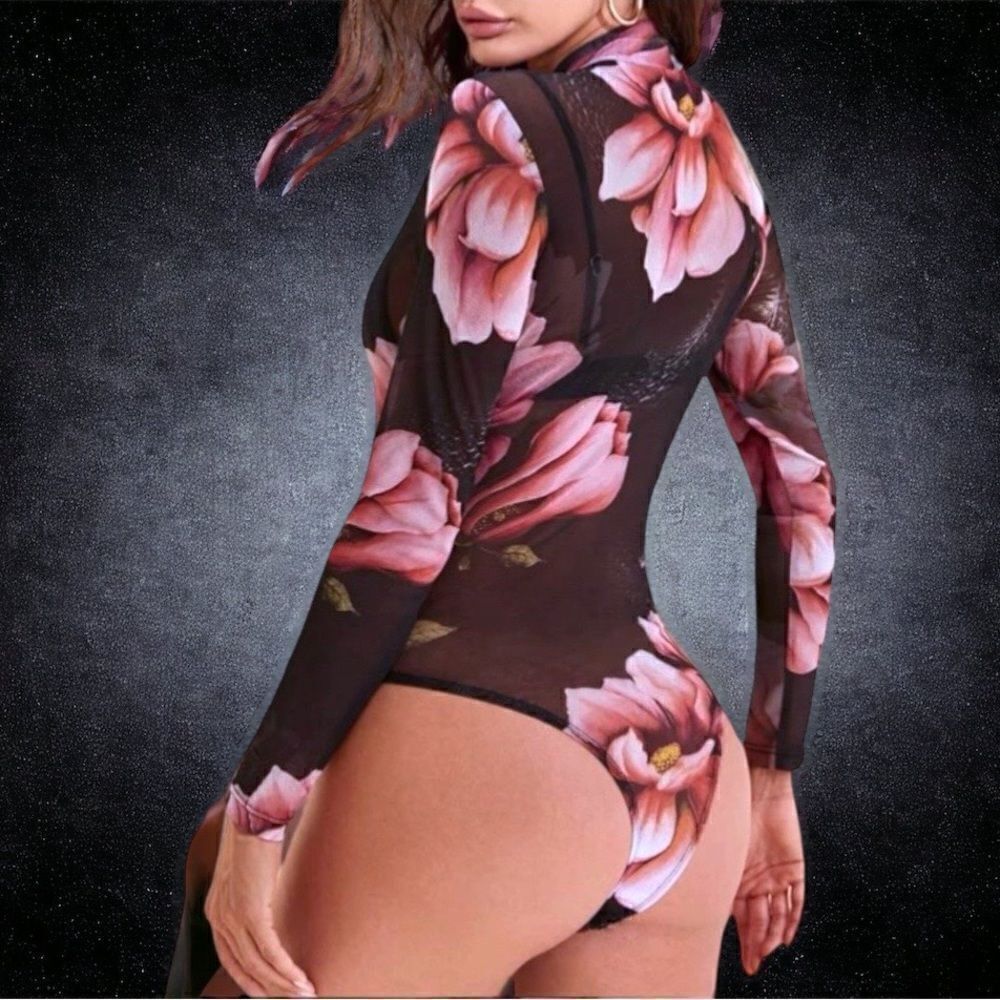 Bodysuit l Long-Sleeve l Black, Black trim, Floral Print l Sheer l New - Picture 5 of 8
